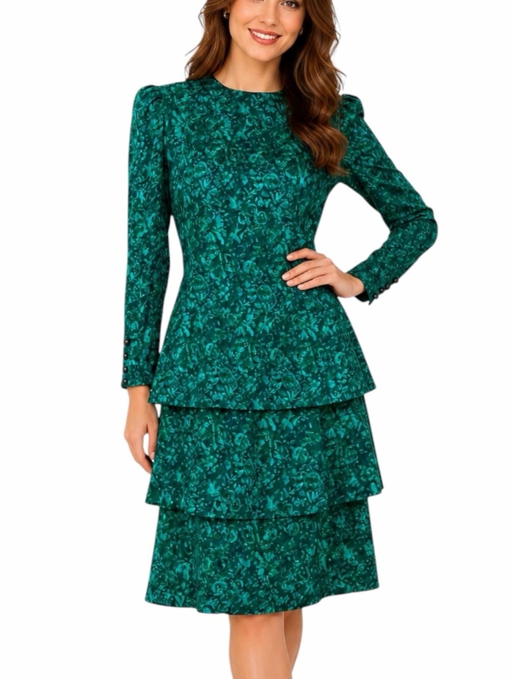 Maggy London Vintage  1980s Silk Tiered Dress Size 8 Long Sleeve Floral Green